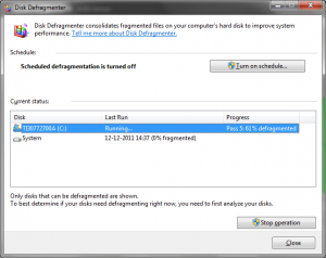 Desfragmentador a funcionar