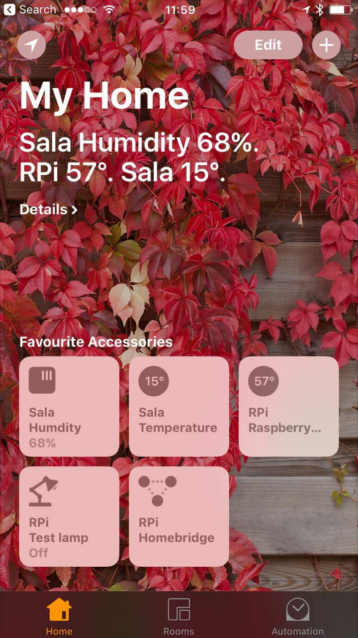 Home App no iPhone com sensores no Raspberry Pi mediados pelo Homebridge